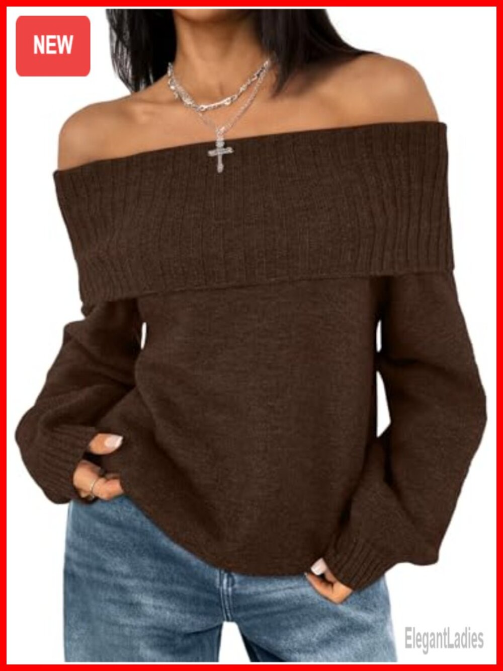 Off Shoulder Overshoulder Knit Long Sleeve Pullover Sweater